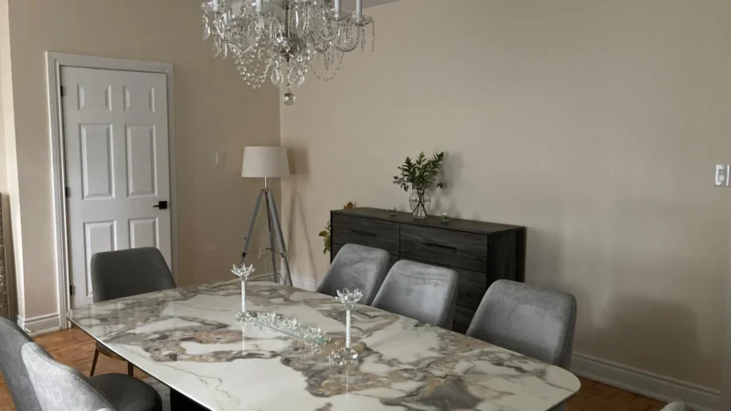 Dining room table and chandelier